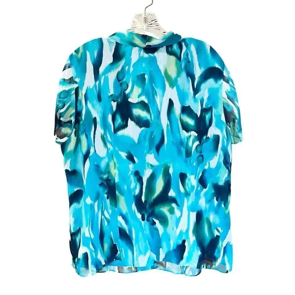 Jones New York Woman's Chiffon Blouse Lined Watercolors Blue/Green 16W